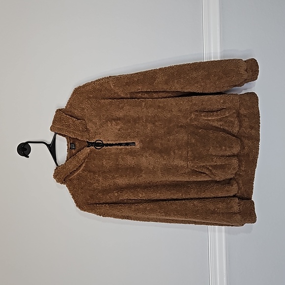 SHEIN Sherpa Long Sleeve Half Zip Teddy Hoodie w Kangaroo Pouch Brown Black XS - Picture 2 of 12